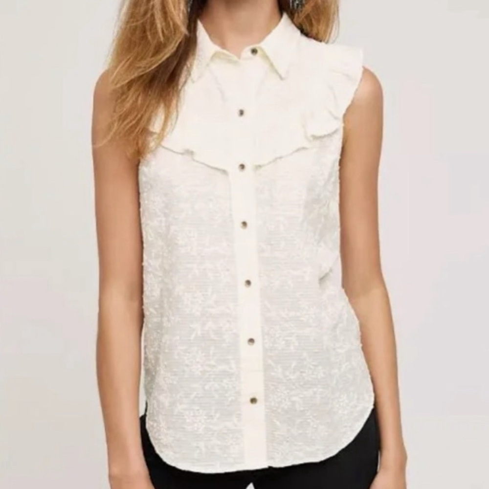 Anthropologie Cream Ruffle Floral Sleeveless Button Down